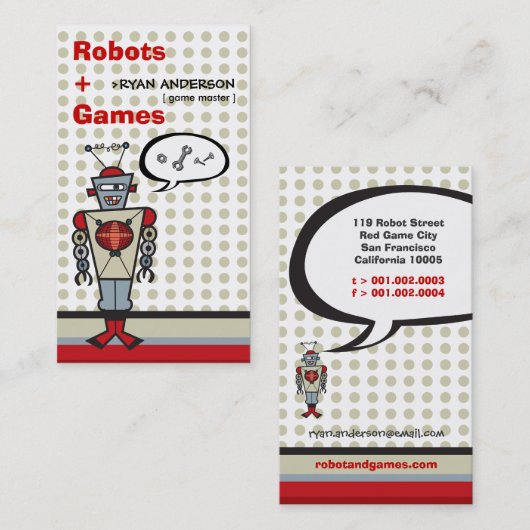 Visite Carton Red Retro Robot Cute Kids Carte de profil (Devant / Derrière)