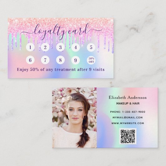 Visite Code qr rose holographique carte de fidélité photo (Devant / Derrière)