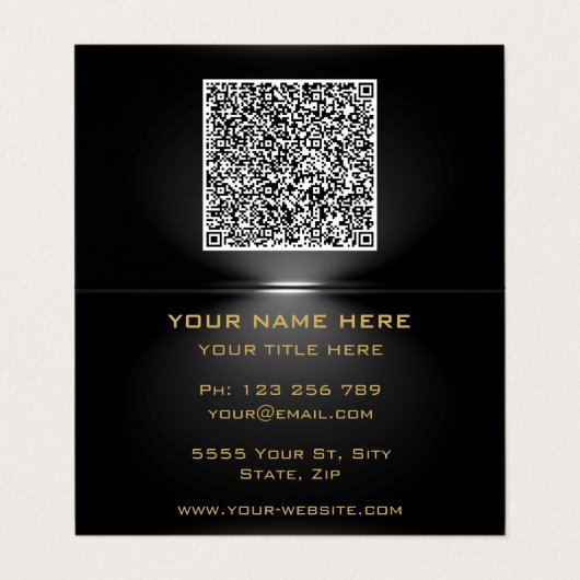 Visite Code QR sous Spotlight Golden Black Carte de visit (Extérieur déplié)