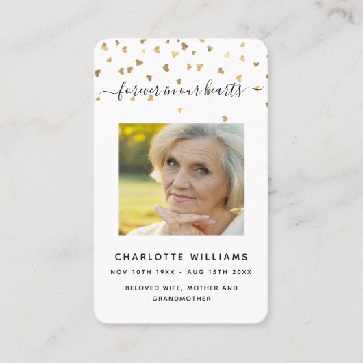 Visite Coeurs d'or blanc photo carte de prière funéraire (Devant)