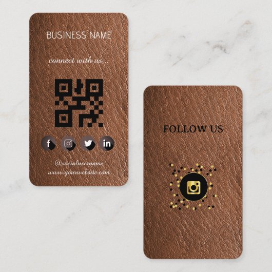Visite Cuir Brown - Médias sociaux Code QR Carte de visit (Devant / Derrière)