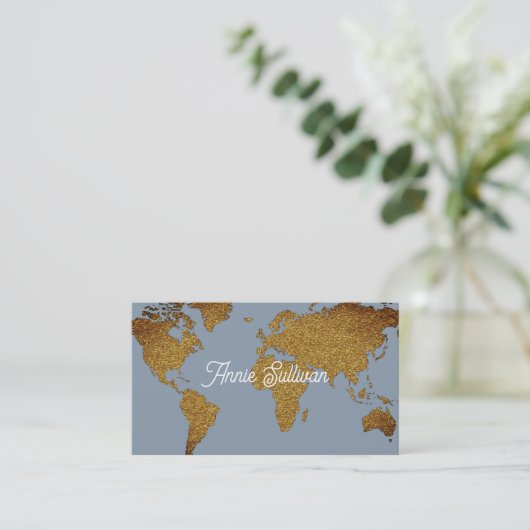 Visite Elégante carte du monde de Faux Gold Dusty Blue (Debout devant)