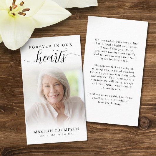 Visite Funérailles Forever Hearts Script Carte de prière 