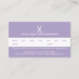 Visite Liste de cheveux Ciseaux violets Carte de rendez-v