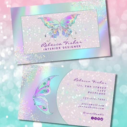 Visite Pastel Rainbow Holographic Butterfly Carte de visi