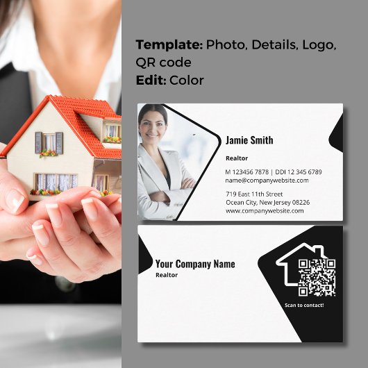 Visite Realtor noir et blanc moderne QR Code Carte de vis