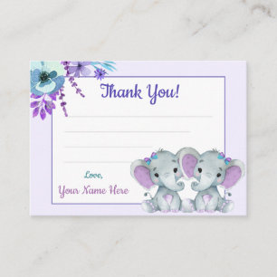 Visite Twin Girls Carte de remerciements Elephant Purple