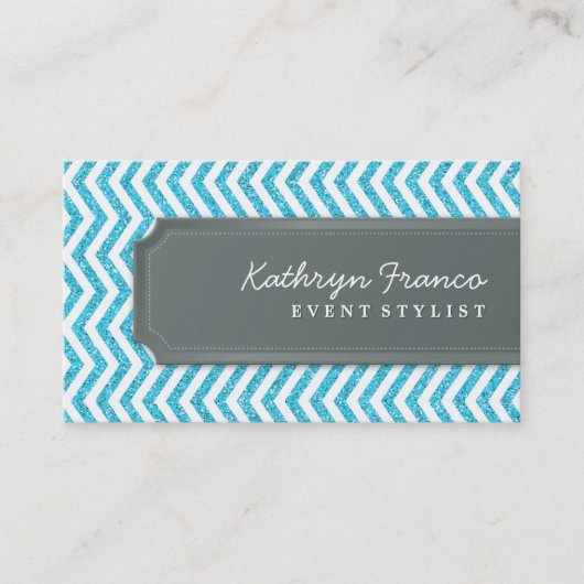 VISITEKAARTJE Chevron Stripe Aqua Glitter Effect (Voorkant)