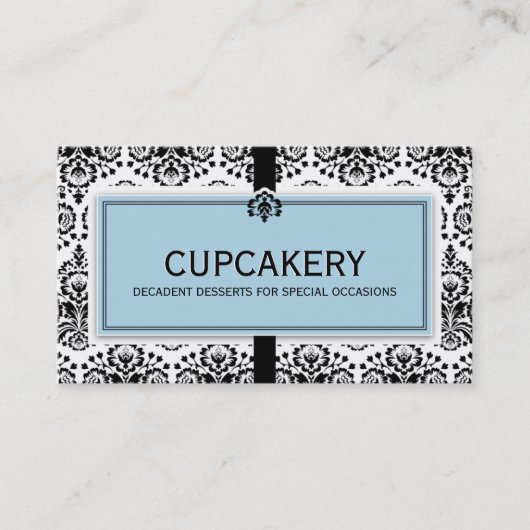 VISITEKAARTJE Elegant Damask Zwart Pastel Blauw (Voorkant)