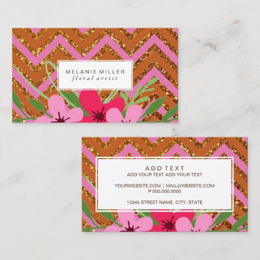 visitekaartje - Floral Glitter Chevron (Voorkant / Achterkant)