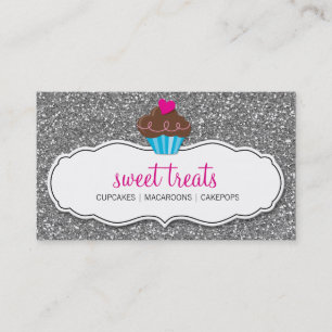 VISITEKAARTJE leuke cupcake roze zilveren glitter