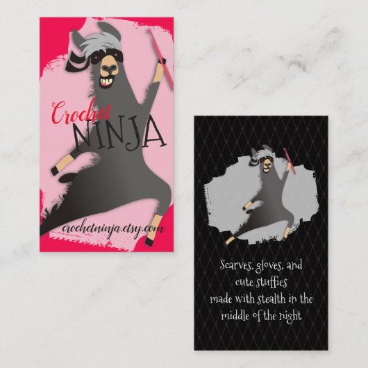 Visitekaartje van hakgarens van lama ninja crochet (Voorkant / Achterkant)