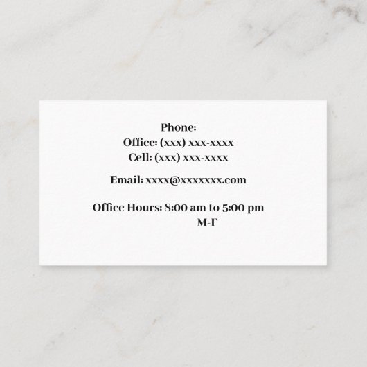 Visitekaartje van Mannelijke Advocaat en Schaalzak (Achterkant)