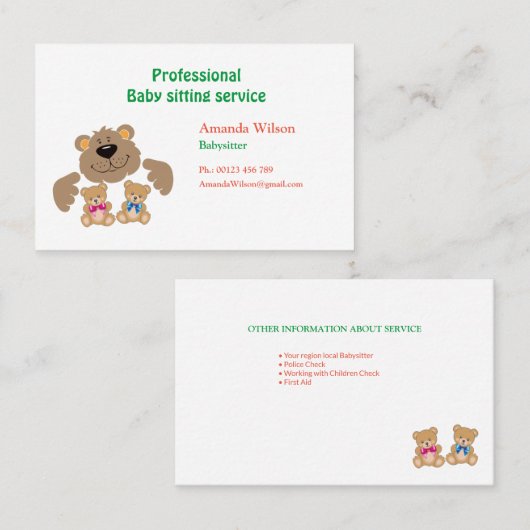 Visitekaartje voor babysitter en kinderopvang (Voorkant / Achterkant)