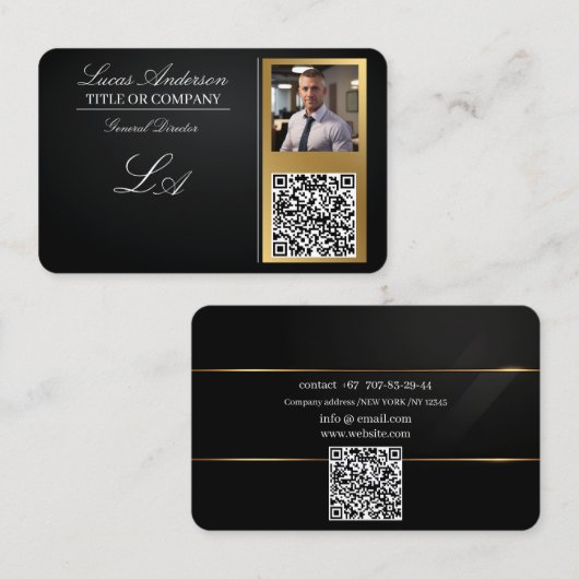 Visitekaartjes QR-code, bewerkbaar, zwart-goud, fo (Voorkant / Achterkant)