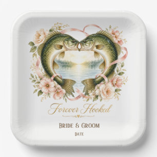 Visliefhebber bruiloft met hengel en bloemen  papieren bordje