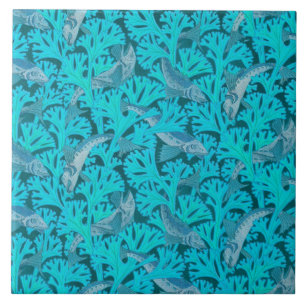 VISSEN EN ALGEN IN AQUA BLUE Art Nouveau Patroon Tegeltje