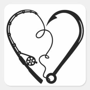 VISSEN ROD HEART HOOK VIERKANTE STICKER