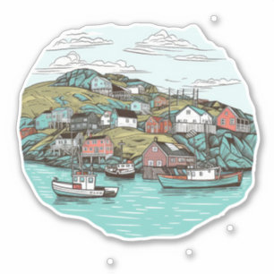 VISSEN TOWN NEWFOUNDLAND HAVENILLUSTRATIE STICKER