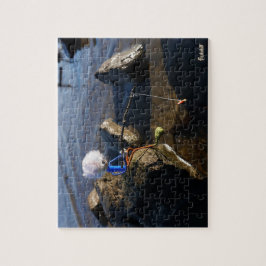 Vissende Fubby op een steen. Legpuzzel
