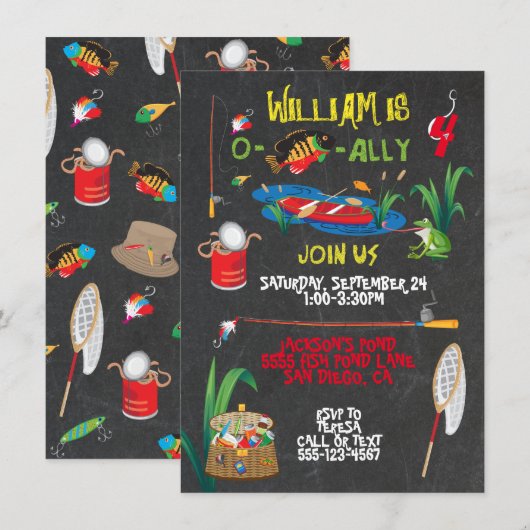 Vissende uitnodiging van de Birthday Party (Voorkant / Achterkant)