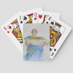 Visser aquarel schilderij visvangst cadeau voor he pokerkaarten