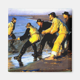 Vissers die het net op de noordstrand van Skagen d Magneet