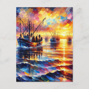 Vissers komen bij zonsopgang terug. feestdagenkaart