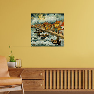 Vissers op Boten in Stormachtig Zee Van Gogh Stijl Poster