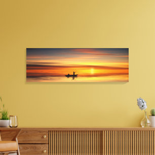 Vissers op het meer van de prachtige zonsondergang canvas afdruk