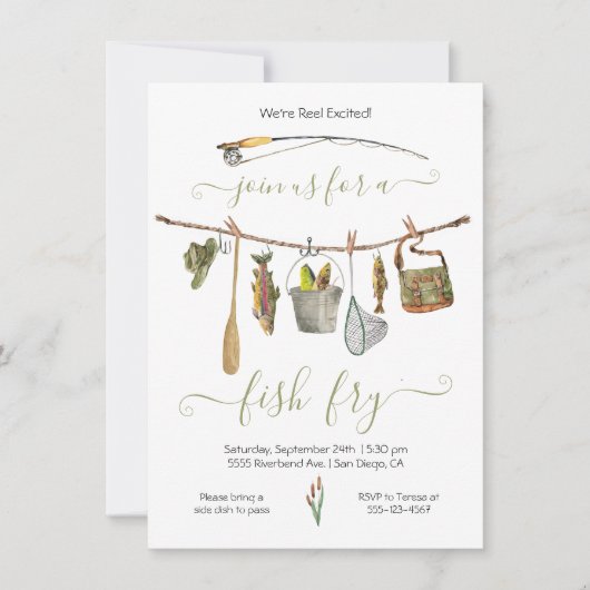 Vist Reel Fish Fry Clothesline Invitation Kaart (Voorkant)