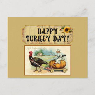 Vitage Turkey Thanksgiving Sunflower Greetings Feestdagenkaart