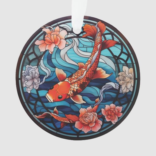 Vitrail asiatique style Koi Poisson et Camellias (devant)