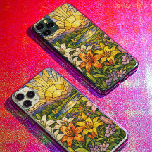 Vitrail Fleurs de Lys Papillons et Soleil