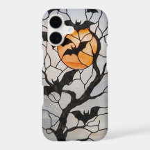 Vitraux Halloween Chauves-souris et Lune Orange Ar