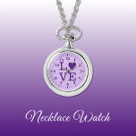 Vitre collier d'amour violet<br><div class="desc">Collier Montre cadeau. Avec le mot "amour" et une forme de coeur remplaçant la lettre O. Foncé et violet clair.</div>