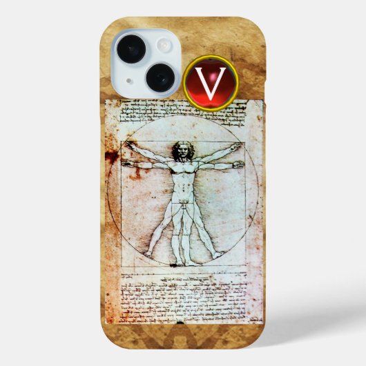 VITRUVIAN MAN Antiek Parchment Red Ruby Monogram Case-Mate iPhone Case (Achterkant)
