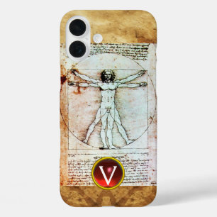 VITRUVIAN MAN Antiek Parchment Red Ruby Monogram iPhone 16 Plus Hoesje