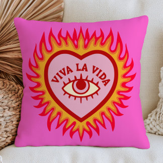 Viva La Vida Evil Eye Hart in Vlammen Roze Kussen