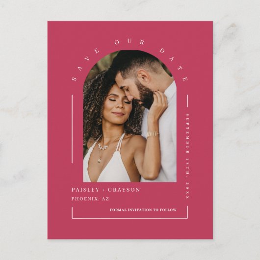 Viva Magenta Boho Arch Photo QR Code Save our Date Briefkaart (Voorkant)