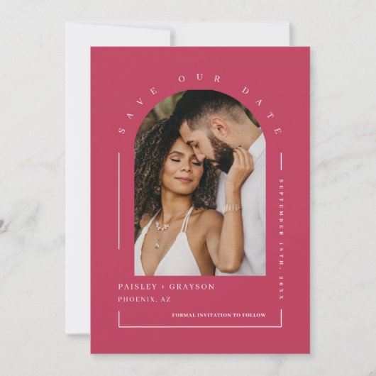 Viva Magenta Boho Arch Photo QR Code Save our Date Kaart (Voorkant)
