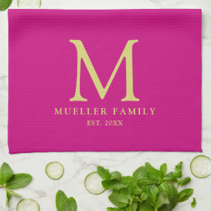 Viva Magenta Effen Kleur Goud Monogram Familienaam Theedoek