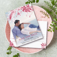 Viva magenta en witte bloemen foto Save the Date