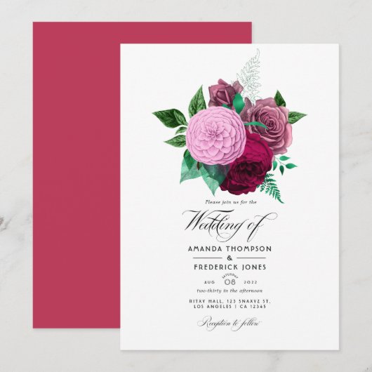 Viva Magenta Floral Wedding Kaart (Voorkant / Achterkant)