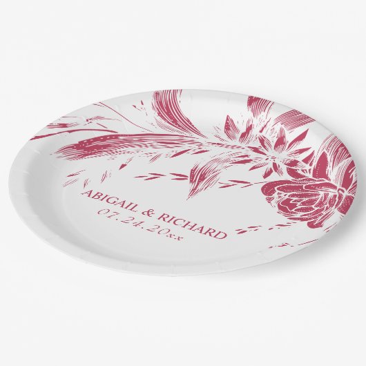 Viva magenta roze en witte bloemen bruiloft papieren bordje (Gekanteld)