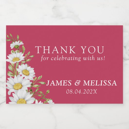 Viva Magenta & White Daisies Wedding Sparkling Wijnetiket (Enkel label)