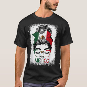 Viva Mexico Messy Bun Hair Mexican Flag Pride Wome T-shirt