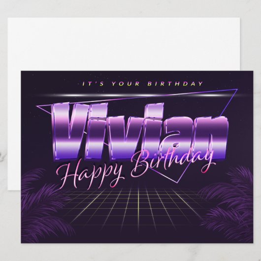 Vivian prénom carte rétro lilas pour anniversaire (Devant / Derrière)