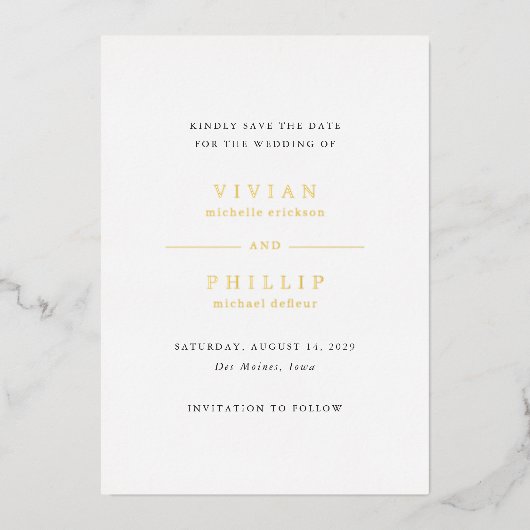 Vivian Simple Elegant Wedding Save the Date Folie Uitnodiging (Voorkant)