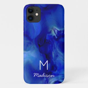 Vivid Blue-gemarmerde alcoholinkt monogram iPhone 11 Hoesje